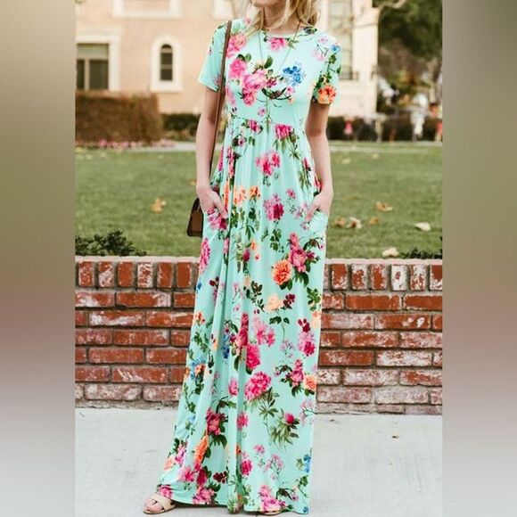 Dresses & Skirts - Bellamie Floral Maxi Dress Aqua Pink w/ Pockets Size L